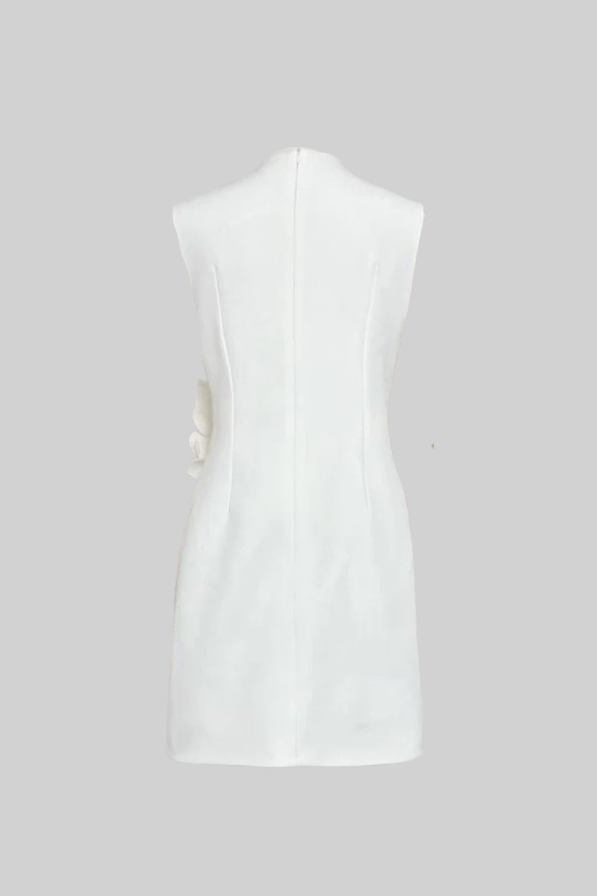 Sleeveless Round Neck Mini Dress with 3D Floral Appliqué – White