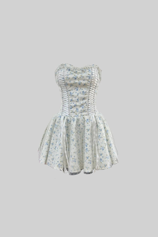 Strapless Sweetheart Corset Mini Dress in Floral Print – White/Blue