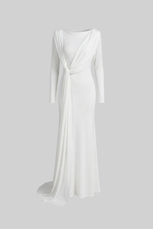Bateau Neck Long Sleeve Jersey Maxi Dress with Cape Overlay – White – view 2