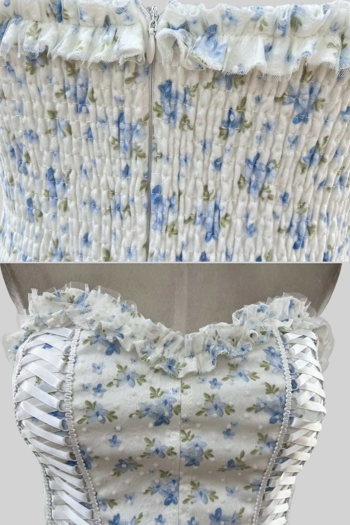 Strapless Sweetheart Corset Mini Dress in Floral Print – White/Blue – view 3