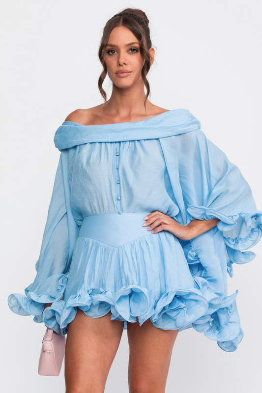 Off-Shoulder Balloon Sleeve Shirt and Mini Skort Co-ord Set – Light Blue – view 2