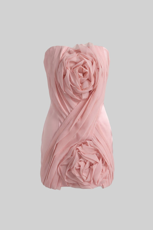 Strapless Bandeau Mini Dress with Draped Bodice and 3D Roses – Blush Pink – view 2