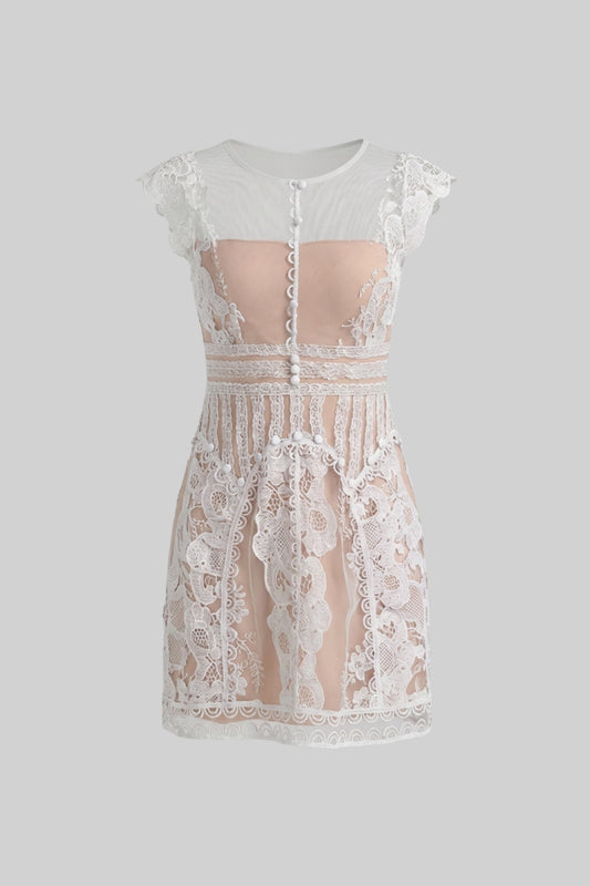 Lace Cap Sleeve Mini Dress with Sheer Yoke and Pearl Buttons – Ivory – view 2