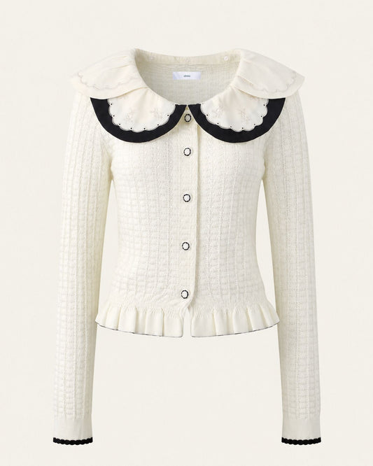 Slim Fit Colourblock Viscose Knit Cardigan with Embroidered Collar