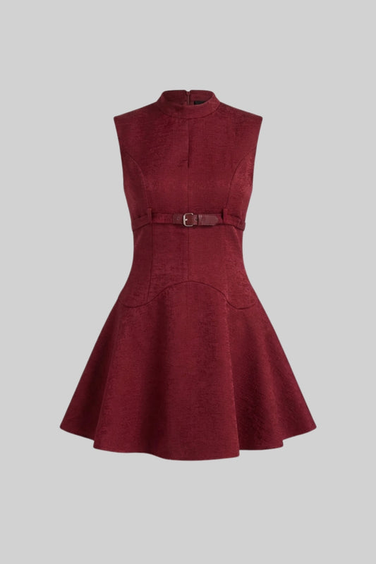 Velour-Effect High Neck Belted Fit and Flare Mini Dress – Burgundy