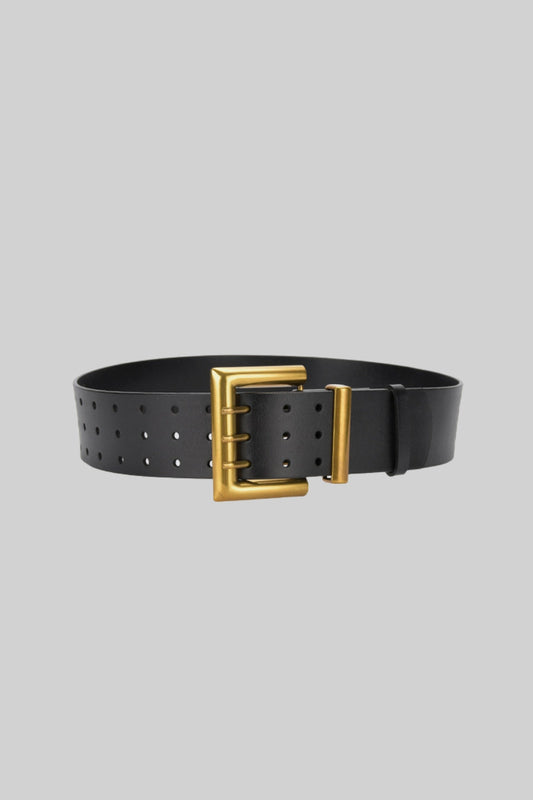 Wide Real Leather Belt with Gold Details and Perforated Front – Black