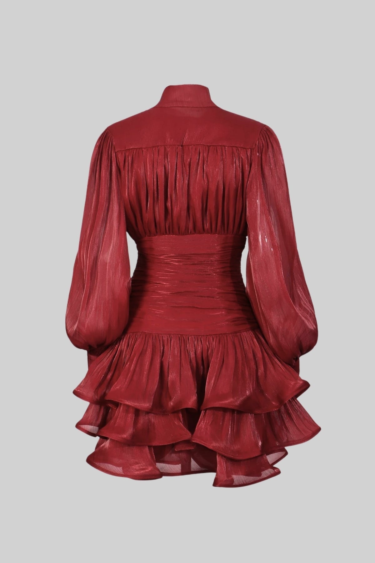 Long Sleeve Tiered Ruffle Mini Dress with Stand Collar – Red – view 9