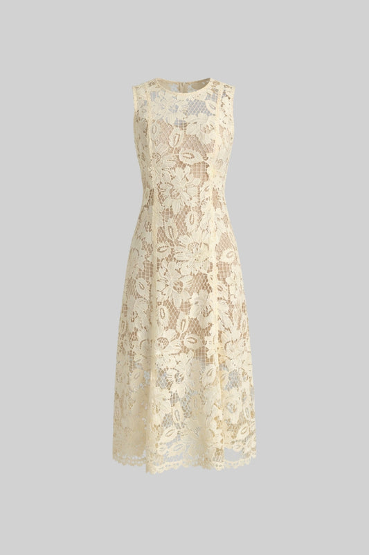 Lace Sleeveless A-Line Midi Dress with Round Neck and Scalloped Hem – Yellow