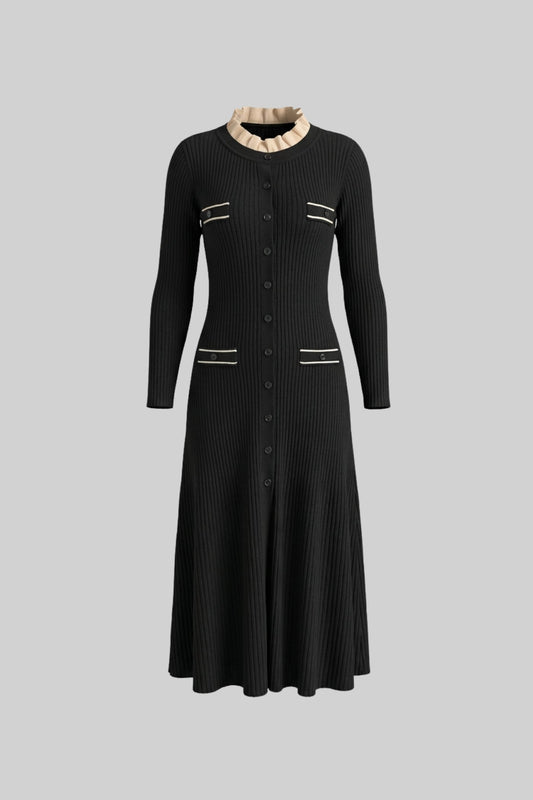 Ribbed Knit Button-Through Midi Dress with Ruffle Neck – Black