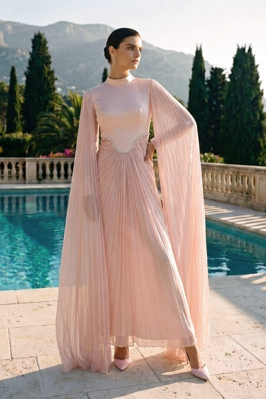 High Neck Maxi Dress with Draped Sheer Overlay and Crystal Waist – Blush Pink
