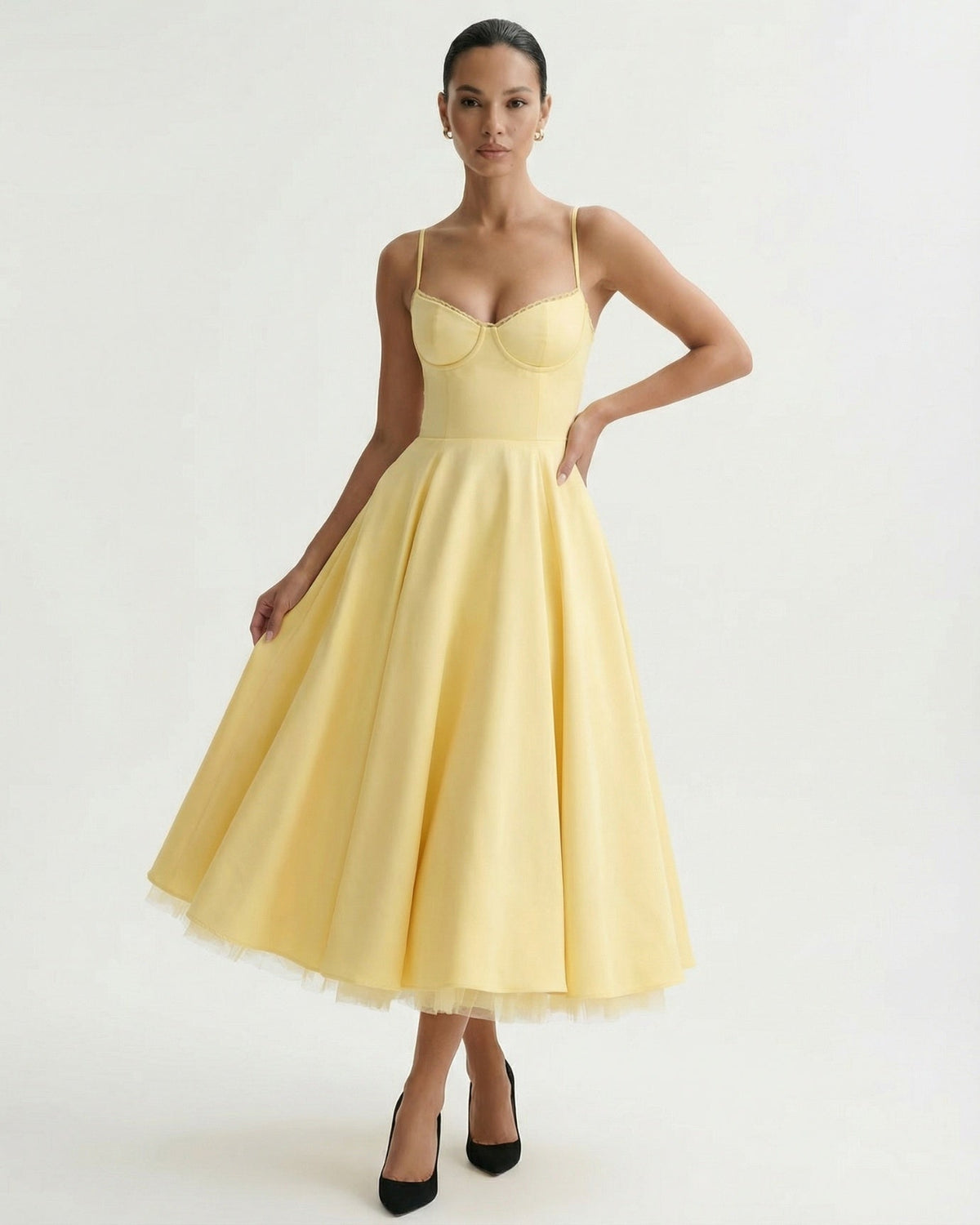 Giulia Duchess Satin Midi Dress with Tulle Underskirt – Yellow