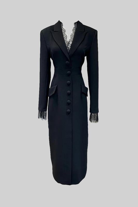 Long Sleeve Button Front Dress with Lace Collar and Cuffs – Black