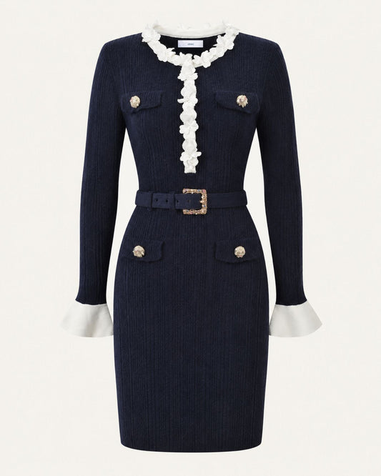 Kira Bell Sleeve Belted Acrylic Knit Mini Dress – Navy Blue