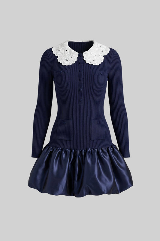 Knit Long Sleeve Mini Dress with Broderie Peter Pan Collar – Navy – view 2