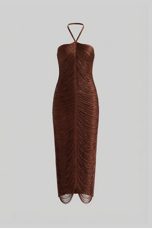 Pleated Halter Neck Body-Contouring Dress with Front Slit – Brown – view 2
