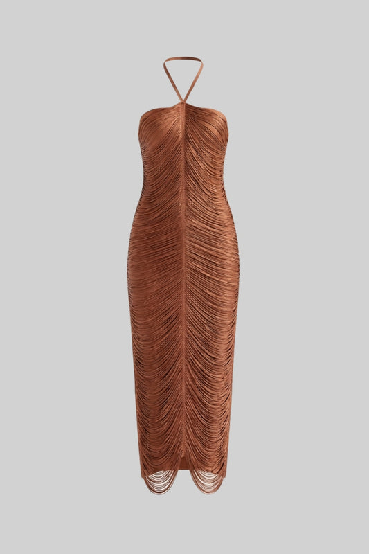 Pleated Halter Neck Body-Contouring Dress with Front Slit – Light Brown – view 2