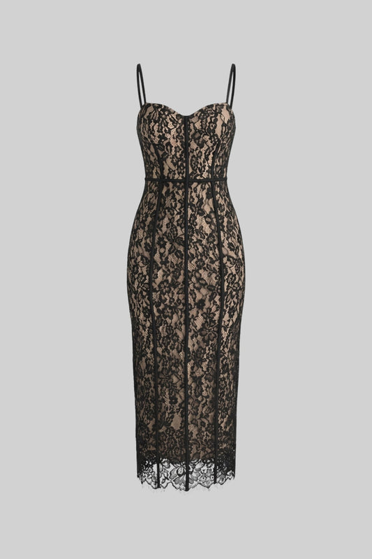 Lace Pencil Midi Dress with Sheer Corset Bodice and Sweetheart Neck – Black