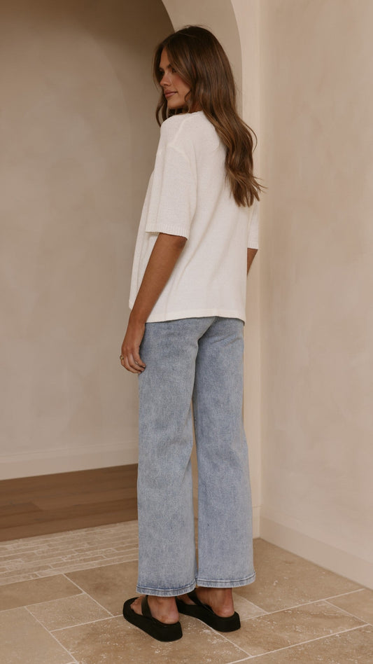 Annalise Semi-Sheer Boxy Crew Neck Knit Top – White – view 2