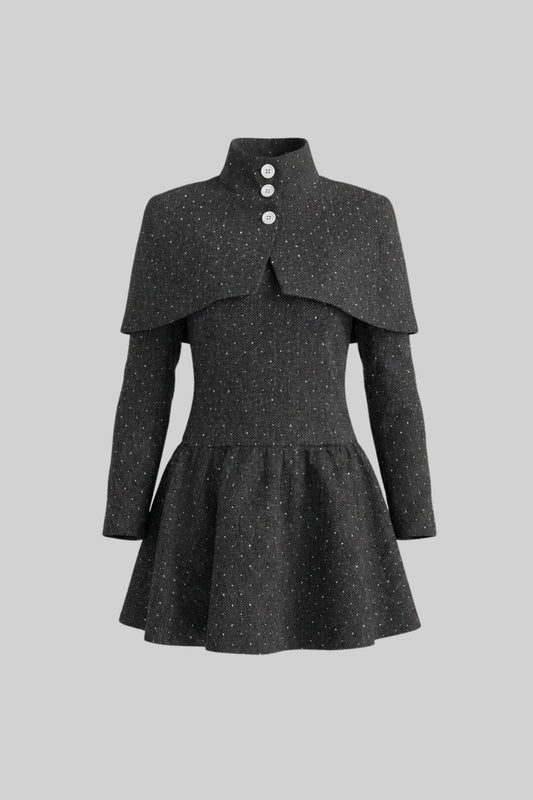 Long Sleeve Mini Dress with Stand Collar and Detachable Cape – Charcoal