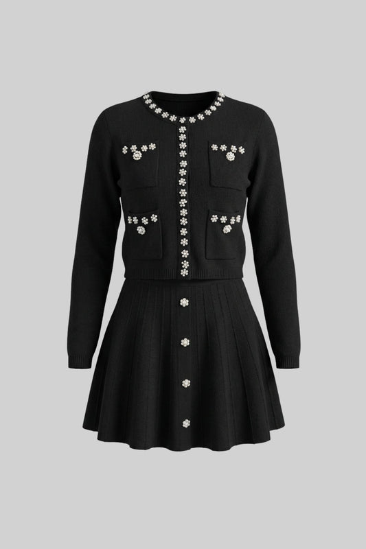 Crystal Embellished Knit Cardigan and Pleated Mini Skirt Set – Black – view 2