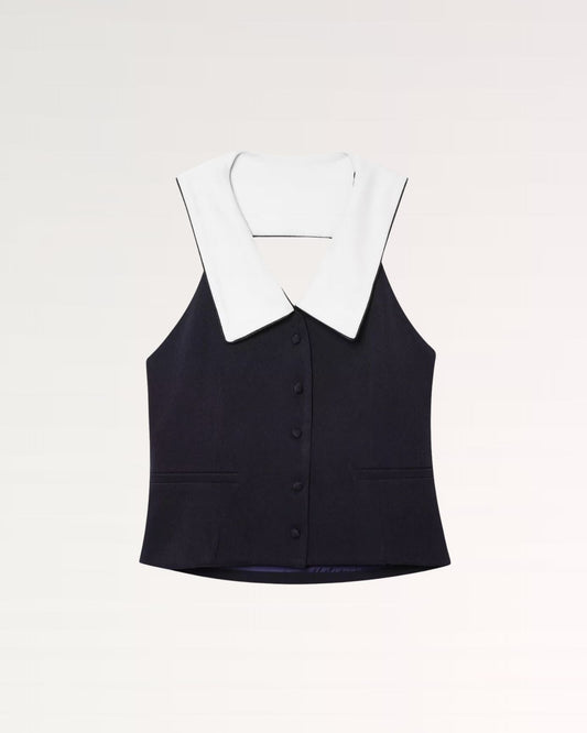 Milano Sleeveless Polo Collar Knit Vest with Button Placket – Black and White