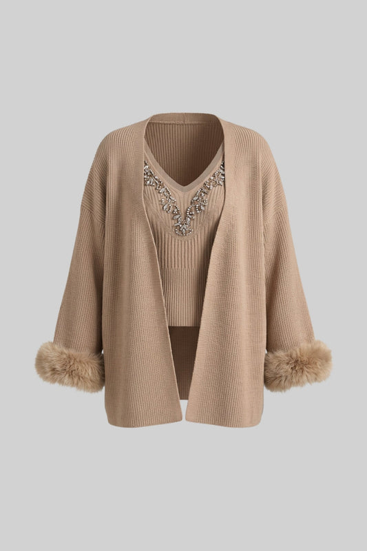 Crystal Knit Camisole and Longline Cardigan Set with Feather Cuffs – Beige – view 2