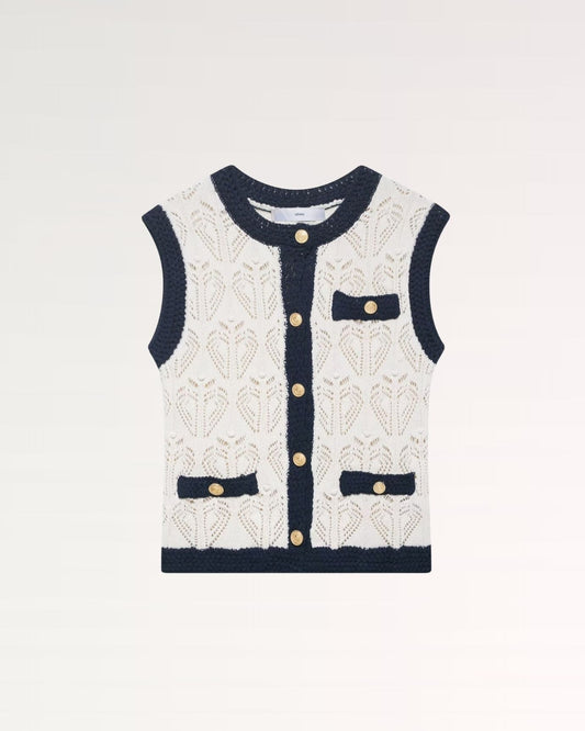 Sleeveless Jacquard Mesh Vest Top with Tailored Fit – Black and White
