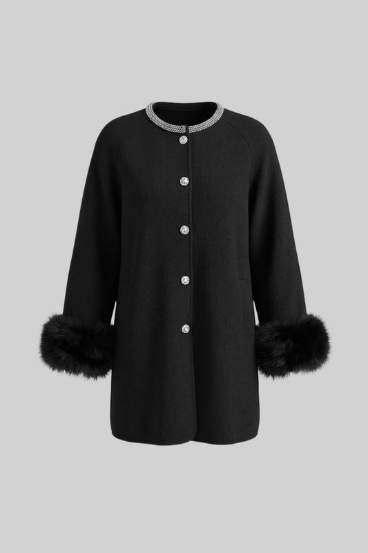 Longline Coat with Pearl Embellished Neckline and Faux Fur Cuffs – Black