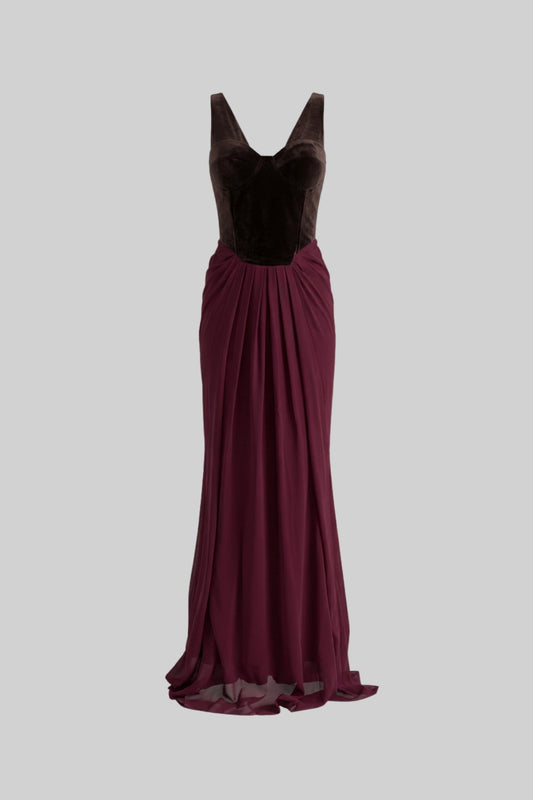 Velvet Corset Bodice Maxi Dress with Flowing Chiffon Skirt – Burgundy