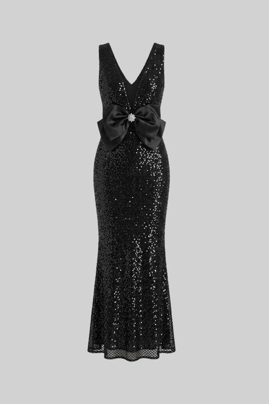 Sequin Plunge V-Neck Maxi Dress with Satin Bow Waist – Black – view 2
