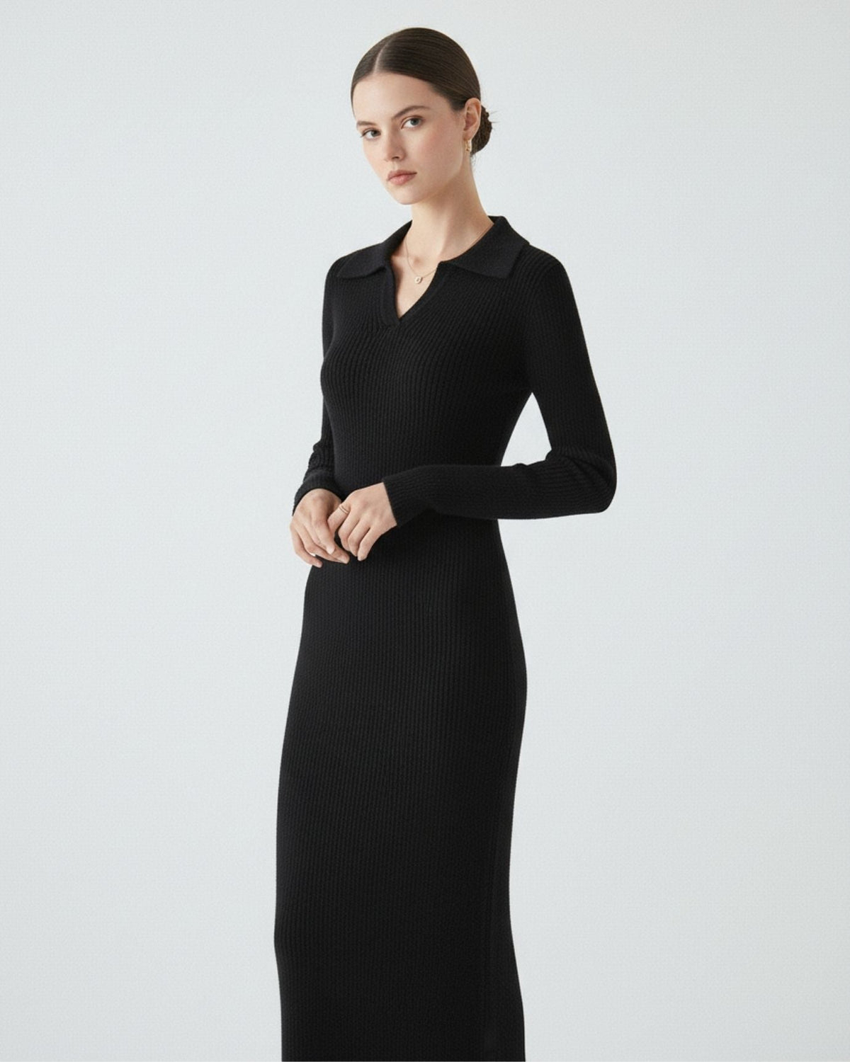 Long Sleeve Polo Collar Wool Dress with Tailored Silhouette – view 8