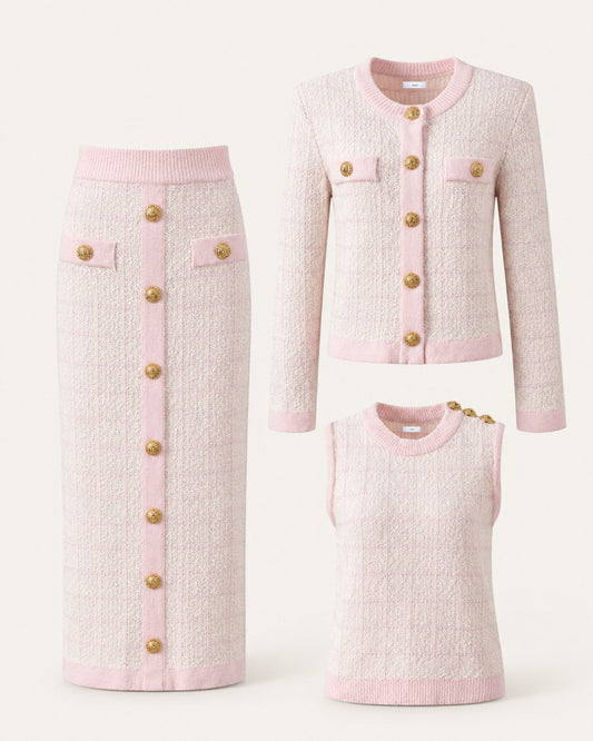 Rosy Three-Piece Plaid Knit Skirt Set with Long Sleeves