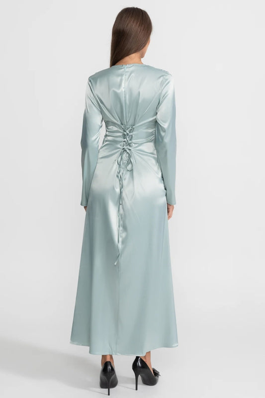 Satin Long Sleeve Midi Dress with Draped Knot Front – Teal – view 2
