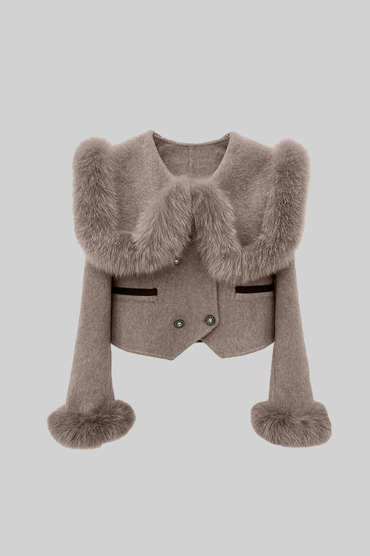 Double-Breasted Cropped Jacket with Trimmed Collar and Cuffs – Brown