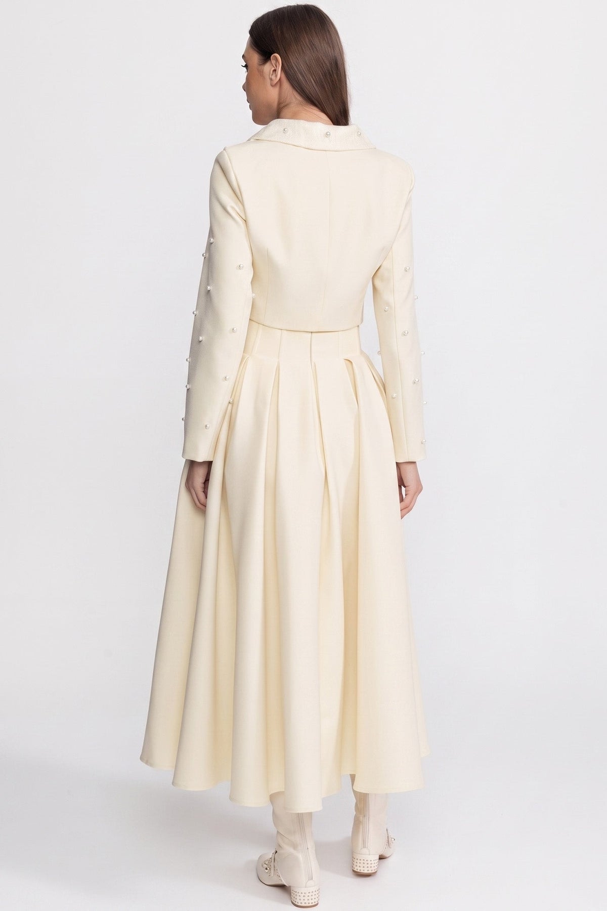 Pearl Embellished Cropped Jacket and Pleated Midi Skirt Set – Ivory – view 6