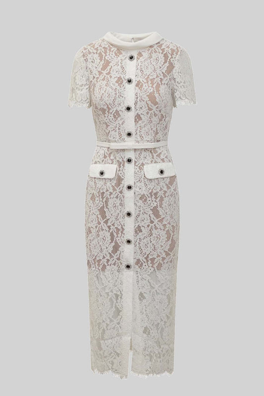 Short Sleeve High Collar Lace Dress with Matching Belt – White