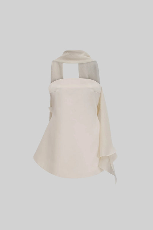 Strapless Fitted Mini Dress with Flared Skirt and Draping Scarf – Ivory – view 2