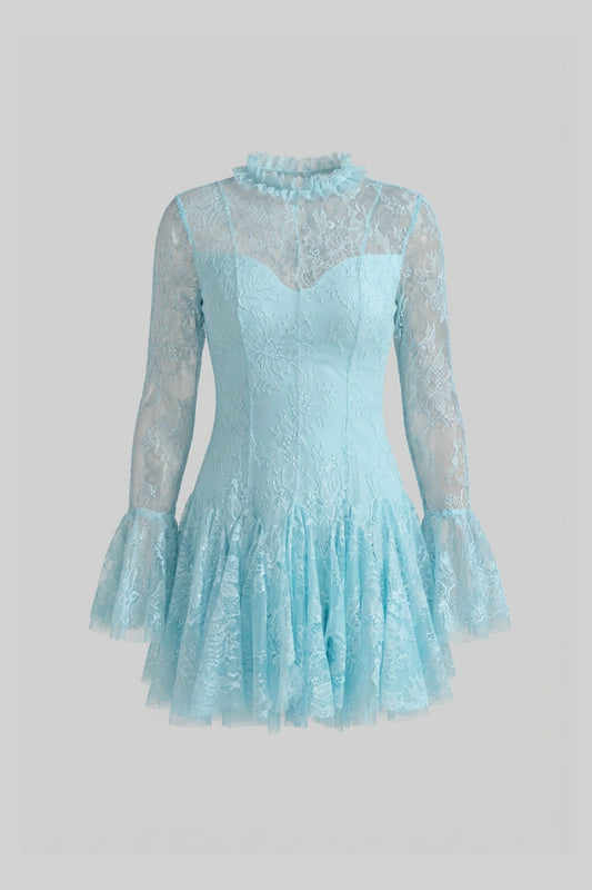 Sheer Lace High Neck Long Sleeve Mini Dress with Ruffled Hem – Teal – view 2