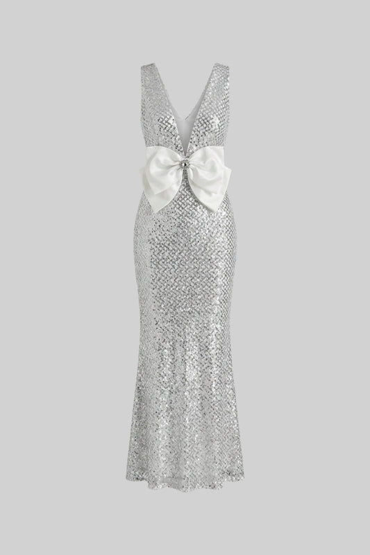 Sequin Plunge V-Neck Maxi Dress with Satin Bow Waist – Light Grey – view 2