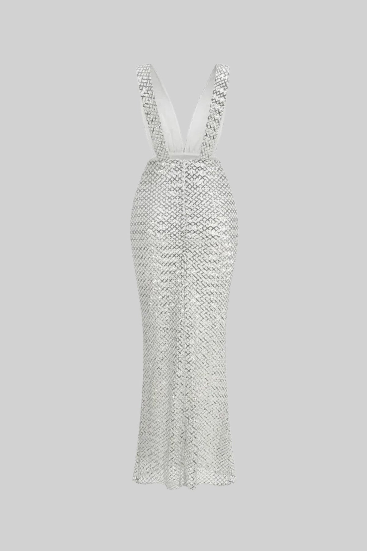 Sequin Plunge V-Neck Maxi Dress with Satin Bow Waist – Light Grey – view 10