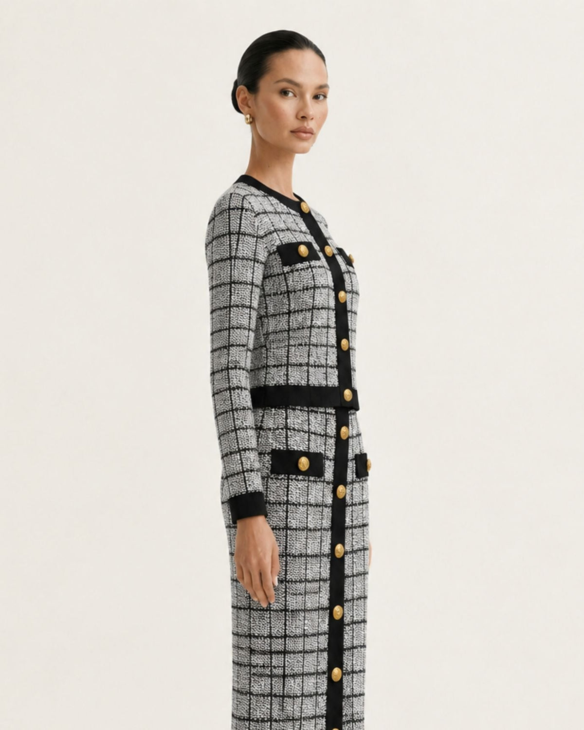 Rosy Three-Piece Plaid Knit Skirt Set with Long Sleeves – view 15