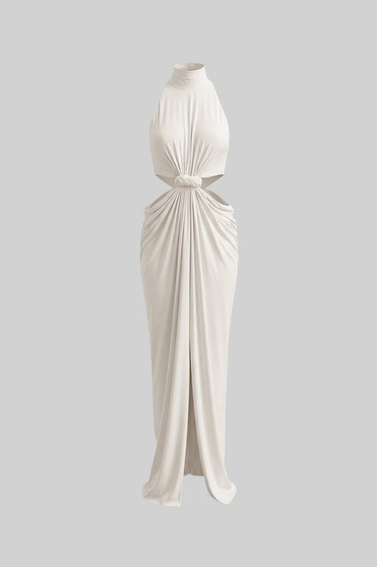 High Neck Halter Jersey Maxi Dress with Knotted Cut-Out Waist – Ivory – view 2