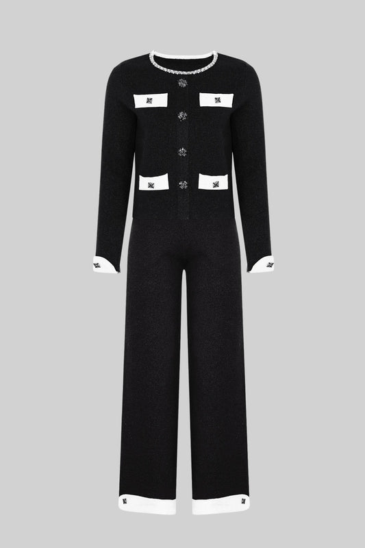 Cropped Knit Cardigan and Wide Leg Trousers Set with Contrast Trim – Black