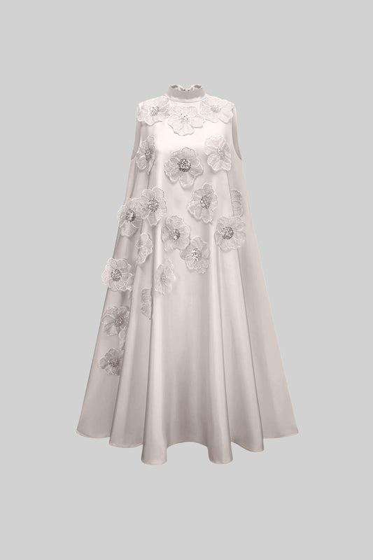 Sleeveless High Collar A-Line Dress with Floral Appliqués – White