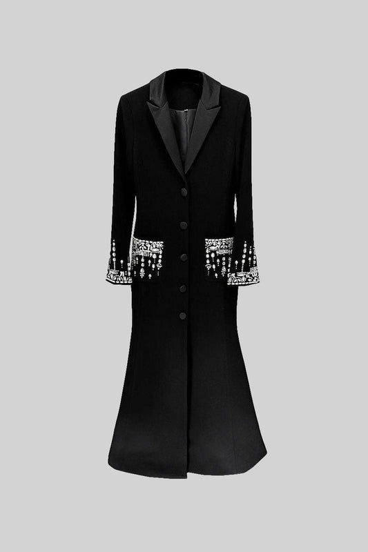 Long Sleeve Maxi Dress with Lapels and Crystal Embroidery – Black