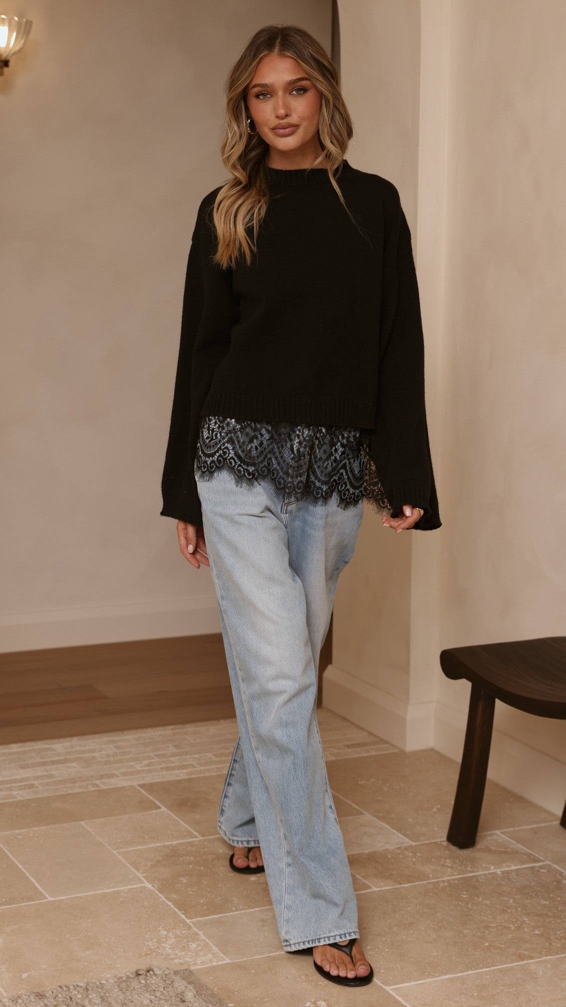Kylan Boxy Crew Neck Wide Sleeve Knit Jumper with Lace Trim – Black