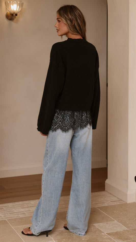 Kylan Boxy Crew Neck Wide Sleeve Knit Jumper with Lace Trim – Black