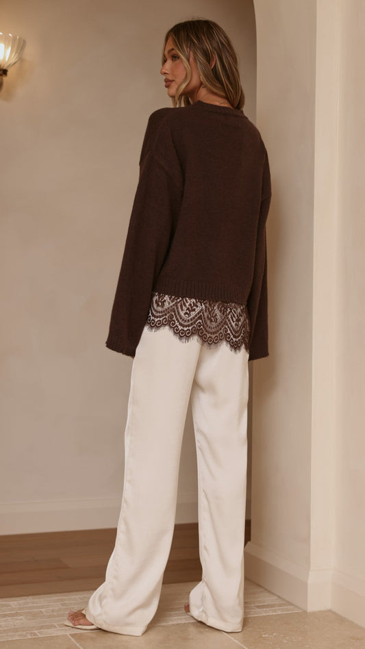 Kylan Boxy Crew Neck Wide Sleeve Knit Jumper with Lace Trim – Brown – view 2