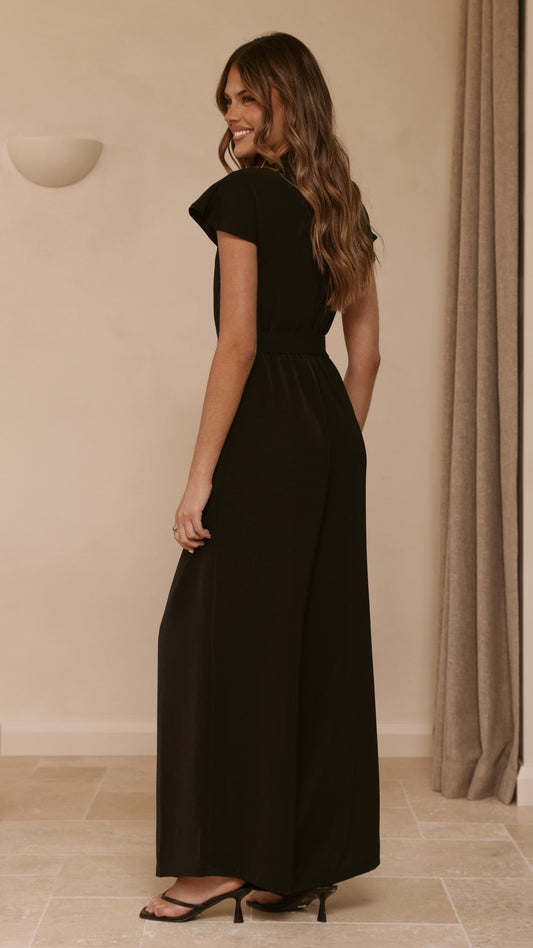 Demitra High Neck Cape Sleeve Jumpsuit with Tie Belt – Black – view 2