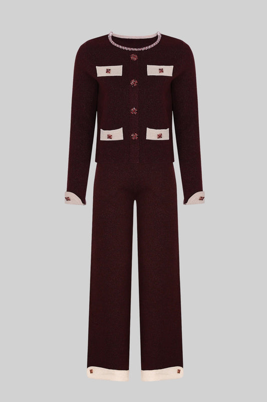 Cropped Knit Cardigan and Wide Leg Trousers Set with Contrast Trim – Burgundy